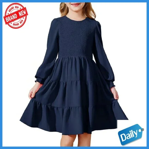 Girls Long Sleeve Boho Party Dress with Pockets Tiered Smocked - Picture 2 of 8